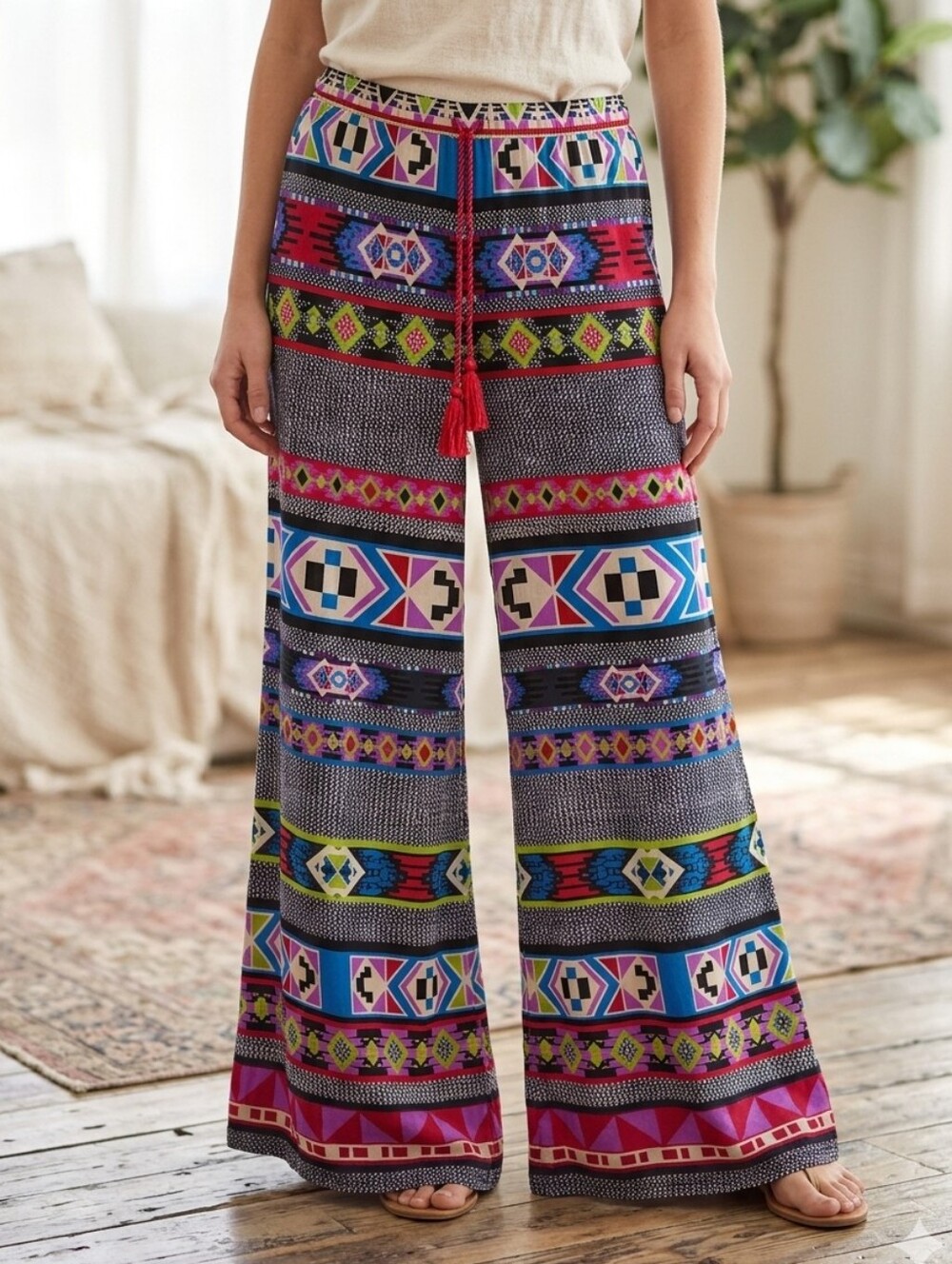 Flying Tomato Boho Geometric Print Palazzo Pants, Size large